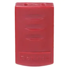 Red prong lockout cover for 2-prong plugs rated 110V AC. Made of ABS and brass, it does not encase the plug. Used to secure electrical equipment during maintenance by preventing accidental re-energization.