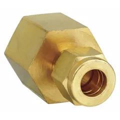 Brass double-ferrule compression fitting with 3/8 in OD tube connection and 3/8 in female NPT pipe thread. Suitable for connecting tubing to threaded ports in fluid systems requiring leak-free sealing.