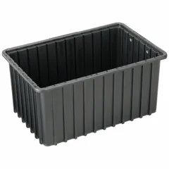 This LEWISBINS divider box is made of black plastic with ESD static-control properties, suitable for organizing and storing small parts in environments where electrostatic discharge protection is needed. It measures 16 1/2 in x 10 7/8 in x 8 in and does not include a lid or dividers.
