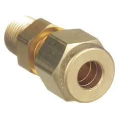 This double-ferrule brass compression fitting adapter connects 1/2 in OD tubing to a 1/4 in male NPT threaded port. It is used in instrumentation, hydraulic, and pneumatic systems requiring leak-free sealing and vibration resistance. Compatible with Parker A-LOK fitting brands.