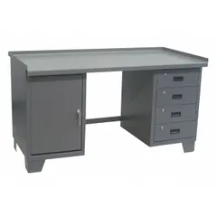 This JAMCO dual-pedestal workbench features a fixed-height steel frame with a 60 in x 30 in work surface, finished in gray. With an overall load capacity of 2,000 lb, it provides a stable platform for assembly, maintenance, and material handling tasks in industrial and warehouse environments.