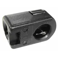 Plastic gas spring end fitting with an 8.1 mm eyelet diameter, M8 rod thread size, and 9.98 mm socket hole size. Used to connect a gas spring rod to a mounting bracket or hinge point in applications such as machinery enclosures and access panels