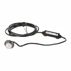 Clear LED warning light with 25 selectable flash patterns. Round shape, screw mount, blunt cut wires. Operating voltage 10 to 16V. Overall height 1 5/8 in, width 1 in. Used on vehicles to alert nearby personnel in low-light conditions.