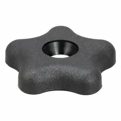 This 5-arm knob provides a secure grip for manual adjustment and clamping on industrial machinery, jigs, and fixtures. It features a plastic body with a steel thread insert and a 3/8"-16 threaded through-hole for installation on studs or bolts.