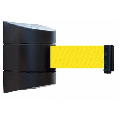 TENSABARRIER Wall-Mount Retractable Belt Barrier, 15 ft Yellow Belt, Black Frame - Wall-Mount Retractable Belt Barriers