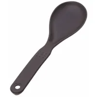 This 10-inch serving spoon is made of black nylon, a material that resists heat and will not scratch non-stick surfaces. It is suited for portioning and serving rice or other foods in both commercial and residential kitchens