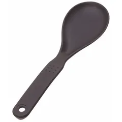 This 10-inch serving spoon is made of black nylon, a material that resists heat and will not scratch non-stick surfaces. It is suited for portioning and serving rice or other foods in both commercial and residential kitchens.