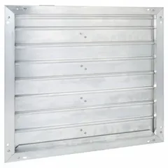 Rectangular motorized control damper with 27-inch height and width, 12-inch length, and 1 1/2-inch flange width. Constructed of aluminum with flat blades and normally open switch action. Rated for 100/240V AC and maximum air velocity of 3500 fpm. Used in HVAC systems to regulate airflow in ducts.