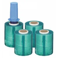 Light green handle-with-brake stretch wrap film, 60 ga gauge, 4 inches wide by 1,000 feet long per roll, supplied in a 4-pack. Used for bundling, securing, and protecting items during storage or transport. The handle-with-brake design allows controlled tension application, reducing waste and improving wrap consistency in industrial packaging operations