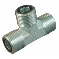 Steel hydraulic hose adapter with 3/4 in x 1 in x 3/4 in fitting size, male x male x male gender, and ORS x ORS x ORS connection type. Used to join ORS fittings in fluid power systems, providing leak-resistant connections in hydraulic machinery and equipment