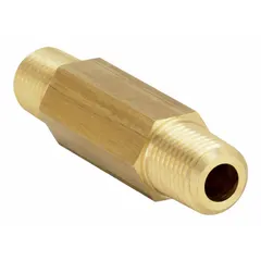 This brass straight pipe fitting connects two male NPT threaded pipes in a line. Rated for extreme-pressure hydraulic systems up to 3,900 psi. Used in fluid power and industrial machinery where a leak-free joint is required.