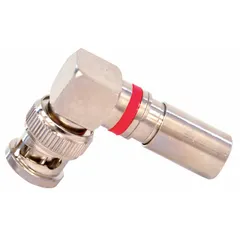 Male BNC connector with right-angle orientation for space-constrained installations. Gold-plated body with nickel finish. Compression termination for quad-shield cable. Sold in a 10-pack.