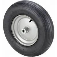 This pneumatic wheel features a rubber tire on a steel hub with a 6-inch hub length. The 15 3/8-inch diameter and 3 1/8-inch width provide shock absorption and load support on uneven surfaces. Commonly used on carts, dollies, and trailers in warehouses and factories
