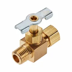 This brass straight-body needle valve from Parker's NV Series features a screw-in bonnet and metal tee handle. Designed for water media, it has a 1/4 in pipe size with Compression (female) x MIP (male) connections. Suitable for precise flow regulation and shut-off in moderate-pressure water systems. Manufactured to ISO 9001 standards.