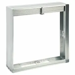 Rectangular fire damper with curtain blade type and gravity closure, designed for vertical mounting. Constructed with a galvanized steel frame. Used in HVAC ductwork to maintain fire resistance ratings in building partitions.