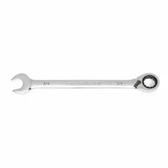 This SAE 12-point ratcheting combination wrench is made of alloy steel with a full polish chrome finish. The 3/4 in head size features a ratcheting box end for faster fastener turning in confined spaces without repositioning. Suitable for tightening and loosening fasteners in mechanical assembly and maintenance tasks.