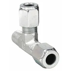 Steel compression tee from the Ferulok series, featuring a flareless bite-type design for leak-proof connections in hydraulic and pneumatic systems. Connects 3/8 in OD tubing to 1/4 in pipe thread with 1/4"-18 thread size.