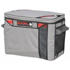 This cover is designed for a 1.2 qt refrigerated chest cooler. It is constructed from canvas, foam, foil, and plastic layers to provide insulation and protection. The cover is gray with an overall length of 26 inches. Suitable for outdoor, marine, or job-site use to shield the cooler from scratches, UV exposure, and temperature fluctuations.