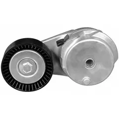 Self-adjusting belt tensioner with 1 pulley and 2 3/4 in outside diameter. Automatically maintains proper tension on engine accessory drive belts to compensate for wear and temperature changes. Used in automotive and light-truck applications.