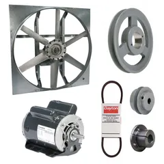 Unassembled belt-drive panel exhaust fan with drive package. 30-inch blade, 1 1/2 hp motor delivers 13,639 cfm. Operates on 115/208-230V AC single-phase power. Open dripproof motor with Class B insulation. Zinc-plated steel frame, cast construction. Suitable for wall or panel mounting in industrial and commercial spaces for high-volume air movement.