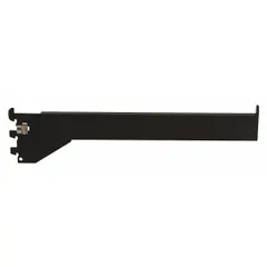 Heavy-duty steel rectangular faceout for single slotted standards. Matte black finish. Measures 1/4 in x 12 in x 1 in with 1 in slot spacing and 1/2 in slot length. Hanging mount type. Used to create display shelving for hanging merchandise or tools.
