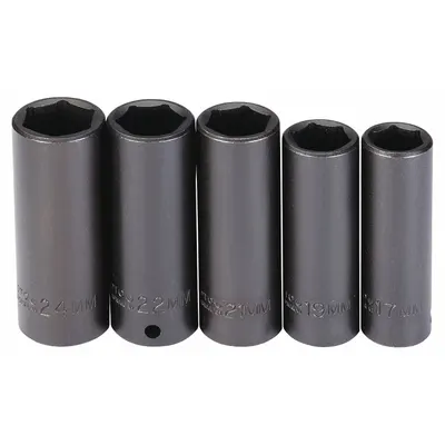 PROTO Impact Socket Set: 1/2 in Drive Size, 17 mm/19 mm/21 mm/22 mm/24 mm Socket Size - Metric Impact Socket Sets