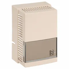 Plastic thermostat cover for Siemens 192 series pneumatic thermostats, model TH 192 S. Includes a setpoint window and logo. Beige finish. Designed for vertical mounting. Provides protection while allowing visibility of temperature settings.