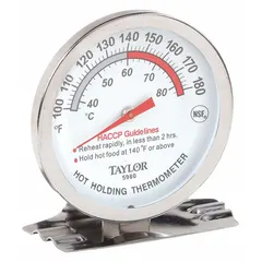 Analog oven thermometer with a 2 3/4 in diameter and overall length. Features a stainless steel case and glass lens. Accuracy is ±5°F from 130° to 180°F. NSF certified and metal detectable. Suitable for monitoring oven temperatures in food service holding lines.
