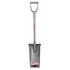 This garden spade features a 14-gauge steel blade with a black finish and a silver steel handle with a D-grip. The 29-inch handle length provides leverage for digging, edging, and transplanting tasks in soil and light roots.