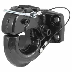This CURT pintle hook is constructed from steel with a powder-coated finish. It is rated for a gross trailer weight capacity of 6,000 lb and a gross vehicle weight capacity of 30,000 lb. Pintle hooks are used for coupling a trailer's lunette ring to a tow vehicle in heavy-duty towing applications.