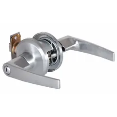 Privacy lever lockset for interior doors requiring locking, such as bathrooms or bedrooms. Features a satin chromium-plated zinc finish in Slate style, ADA-compliant lever, and ANSI function F76B. Not ligature-resistant and has no visual indicator.