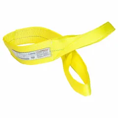 This STREN-FLEX web sling is a Type 3 flat-eye sling made of high-visibility polyester. It has a 3 ft sling length, 12 in eye length, and 1 ply construction. The sling features a wear-resistant tag and is suitable for lifting and rigging applications in industrial settings.
