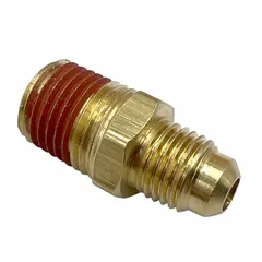 Brass flared/threaded adapter for connecting 1/4 in OD tubing to 1/4 in pipe threads. Meets SAE J513 standards for 45-degree flare connections. Used in hydraulic and pneumatic systems for leak-free sealing.