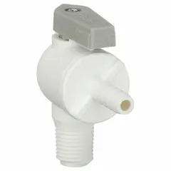 This one-piece polypropylene ball valve features an angle body design with a barb x MNPT connection and lever handle. It is used for on/off flow control in fluid systems, suitable for applications requiring corrosion resistance and compact installation.