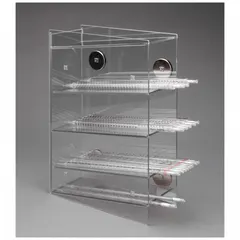 Wall-mounted pipette holder made of clear PETG. Overall height 16 in, overall length 11 1/4 in. Designed to hold up to four serological pipettes, providing organized storage and reducing contamination risk in laboratory environments.