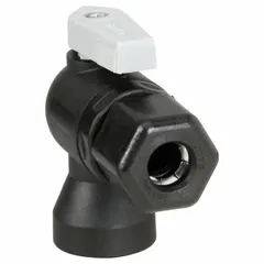This manual two-way ball valve features a polypropylene body and full-port ball port for minimal pressure drop. The angle configuration with sweat inlet and FNPT outlet suits plumbing installations requiring a 3/8-inch connection. Lever handle provides straightforward on/off control.