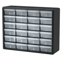 This stackable plastic cabinet features 24 clear polystyrene drawers, each 6" x 4-9/16" x 2-3/16", for organized storage of small components. The black cabinet allows quick visual identification of contents, suitable for workshops, assembly lines, and maintenance areas