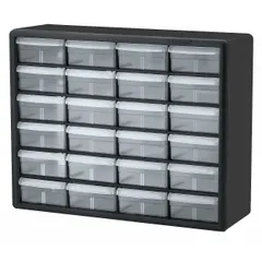 This stackable plastic cabinet features 24 clear polystyrene drawers, each 6" x 4-9/16" x 2-3/16", for organized storage of small components. The black cabinet allows quick visual identification of contents, suitable for workshops, assembly lines, and maintenance areas.