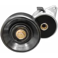 DAYCO self-adjusting belt tensioner with one pulley, 3 1/2 in outside diameter. Automatically maintains proper tension on serpentine or accessory drive belts, compensating for belt stretch and wear. Used in vehicle engine accessory drive systems