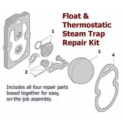 Float and thermostatic repair kit for servicing F-30 model steam traps. Compatible with Erwel, Nicholson, Spence, Spirax-Sarco, Trunstall, Watson McDaniel, and Watts brands. Restores condensate drainage and air venting in steam systems.