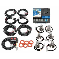 This WOLO concealed mount strobe light features blue/red LED illumination and 15 selectable flash patterns. It operates on 12-24V DC and includes a 9.8 ft cable with locking connectors. The adhesive mount and wire leads simplify installation. Typical applications include emergency vehicles, security patrols, and construction equipment requiring discreet warning lights.