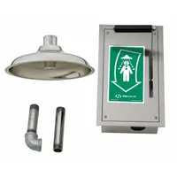 Ceiling-mount emergency shower with stainless steel sprayhead and shroud, activated by pull bar. Barrier-free design for full-body drenching in industrial settings