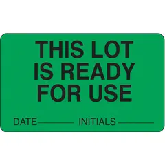 Green paper label measuring 2 1/2 inches wide by 1 1/2 inches high. Rectangle shape with English text. Pack of 1000. Used for inventory control and identification in industrial facilities.