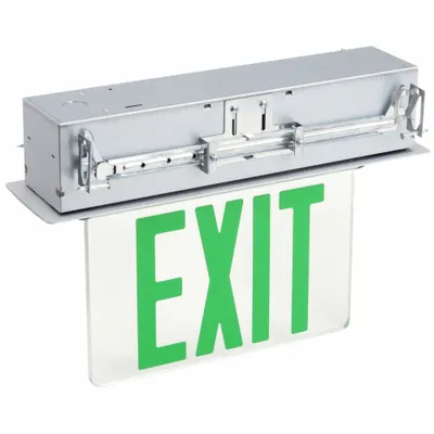OEM Exit Sign: 2 Faces, Green, Aluminum, Universal Field Selectable Chevrons - Recess-Mount Edge-Lit Exit Signs