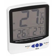 This LCD refrigerator/freezer thermometer monitors temperatures in commercial refrigeration units to help maintain food safety. It features ±0.5°C accuracy and an audible alarm that alerts when temperatures deviate from set ranges. The plastic case is suitable for general food service environments.