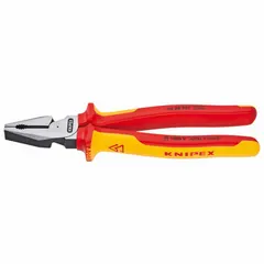 Flat-jaw lineman's pliers with insulated handles, 9 in overall length, 1 1/2 in jaw length, 1 in jaw width, and 5/8 in jaw thickness. Includes wire cutter. Used for gripping, twisting, and cutting wire in electrical and industrial maintenance.