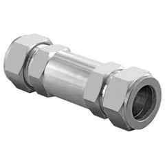 This inline poppet check valve is designed for water media in instrumentation systems. It features a 316 stainless steel seat and a poppet-type body to prevent backflow in process lines.