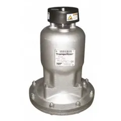 Pulsation dampener with aluminum body and Santoprene diaphragms. Features 2-inch NPT inlet and 2-inch NPT discharge connections. Reduces pressure spikes and vibration in fluid handling systems, protecting downstream equipment. Suitable for use with air-operated double-diaphragm pumps in industrial applications requiring smooth flow.