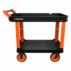 This starter cart from CRESCENT features two raised shelves with a black finish. Overall dimensions are 47 inches long by 25 inches wide by 34 inches high. Suitable for transporting tools, parts, and materials in industrial facilities, warehouses, and workshops.