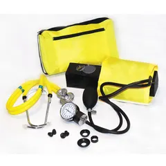 This adult blood pressure match set includes a reusable nylon cuff with double-tube configuration and a dual-head adult belt chest piece for arm placement. It is designed for manual blood pressure measurement in clinical or home settings and comes with a carrying case.